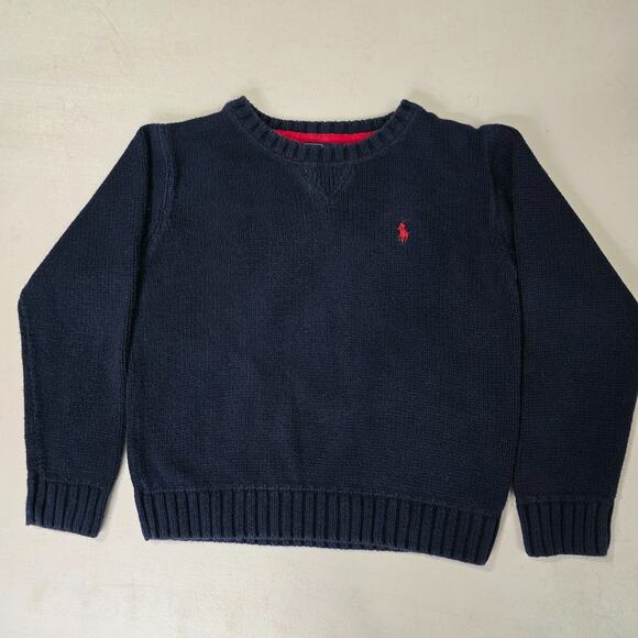 VTG Polo Ralph Lauren Sweater Boys Sz 5 Navy Blue Red Pony Crewneck Pullover - Picture 1 of 6